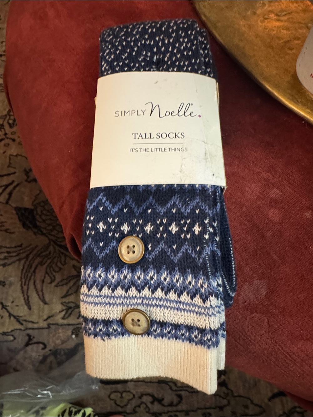 Simply Noelle Navy & Cream Knit Tall Socks with Button Detail